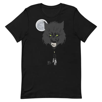 Black werewolf unisex t-shirt featuring a fierce head design and glowing eyes under a full moon