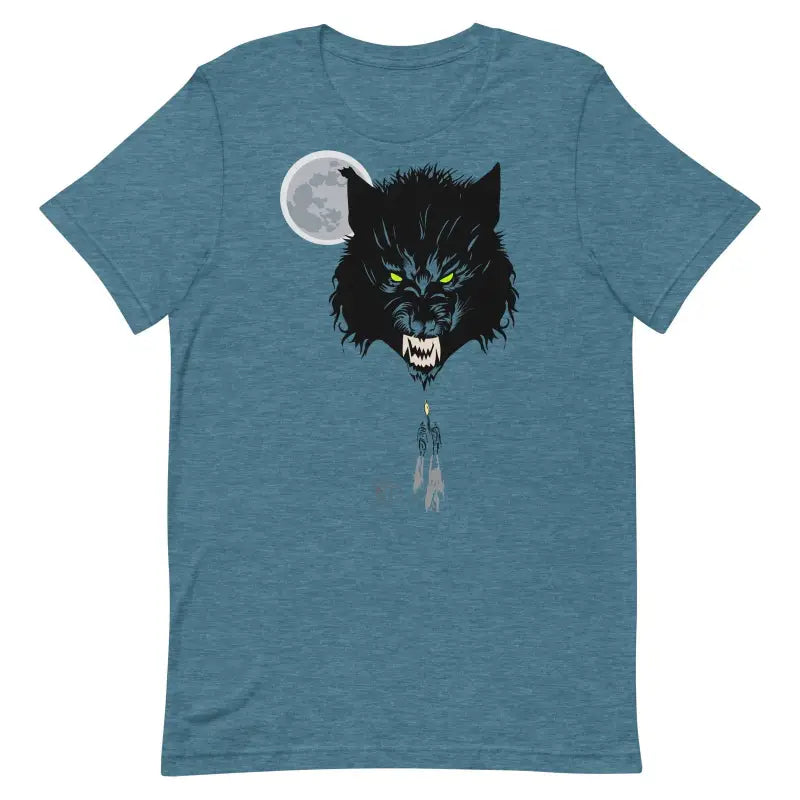 Teal t-shirt featuring a fierce wolf head design on comfortably ring-spun cotton fabric