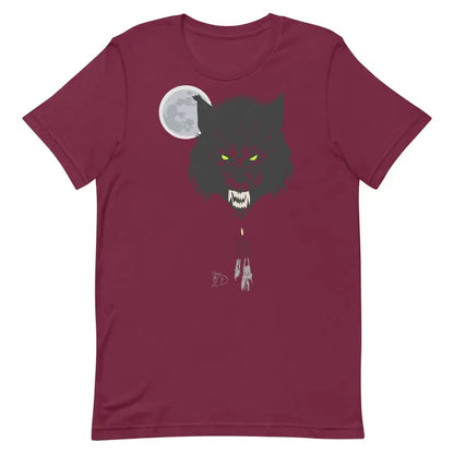 Burgundy werewolf unisex t-shirt with dark wolf head and red eyes design