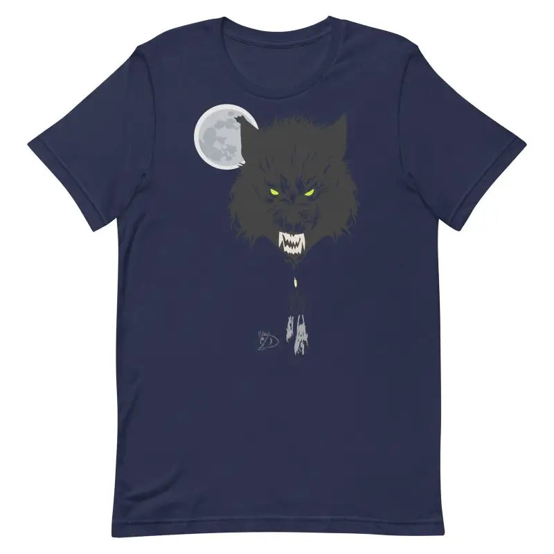 Navy blue werewolf unisex t-shirt in comfortably ring-spun cotton with glowing eyes