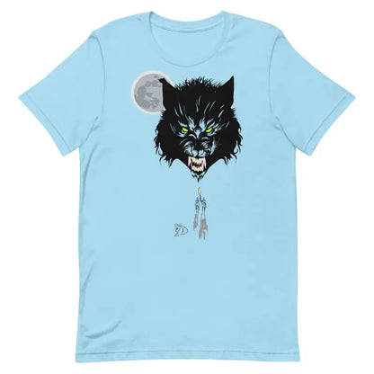 Light blue werewolf unisex t-shirt in comfortably ring-spun cotton with glowing eyes design