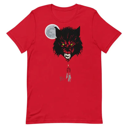 Red werewolf unisex t-shirt with glowing eyes and full moon, crafted from comfortably ring-spun cotton