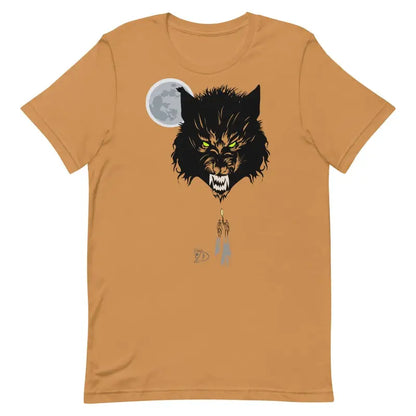 Tan werewolf unisex t-shirt with an angry head design, full moon, and feather charms