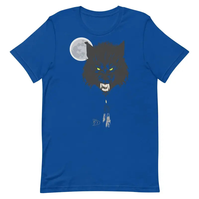 Royal blue werewolf unisex t-shirt with dark wolf design and glowing eyes