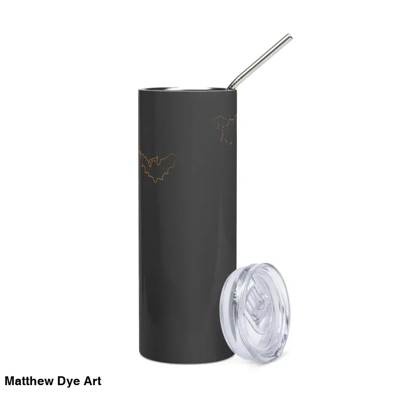 Gray stainless steel tumbler with bat art design from Moonlit Terror collection