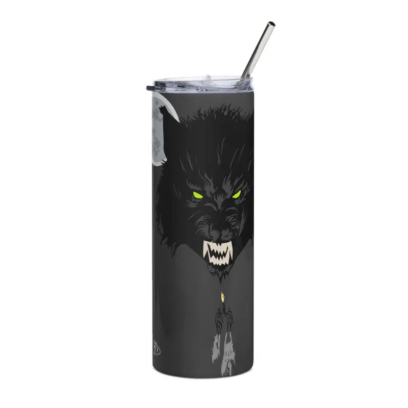 Moonlit Terror Gothic Werewolf stainless steel tumbler featuring surreal art with straw