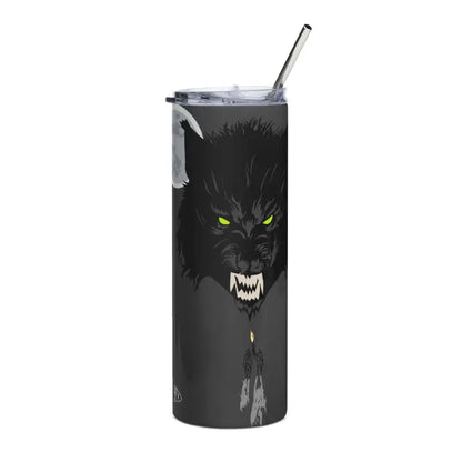 Moonlit Terror Gothic Werewolf stainless steel tumbler featuring surreal art with straw