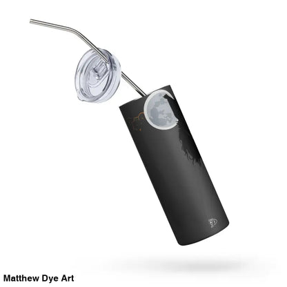 Black stainless steel tumbler with straw featuring a surreal moon design, Moonlit Terror