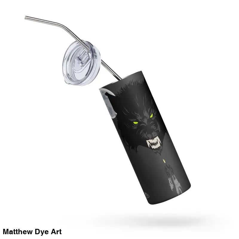Black stainless steel tumbler featuring surreal werewolf art design, Moonlit Terror