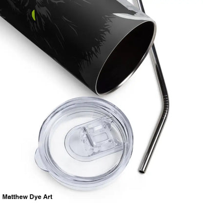 Black cat stainless steel tumbler with lid and straw in Moonlit Terror art design