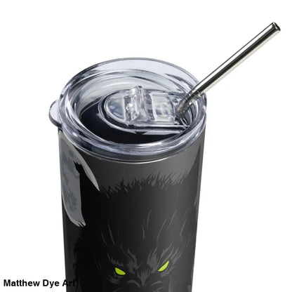 Wolf-themed stainless steel tumbler featuring surreal art design, Moonlit Terror