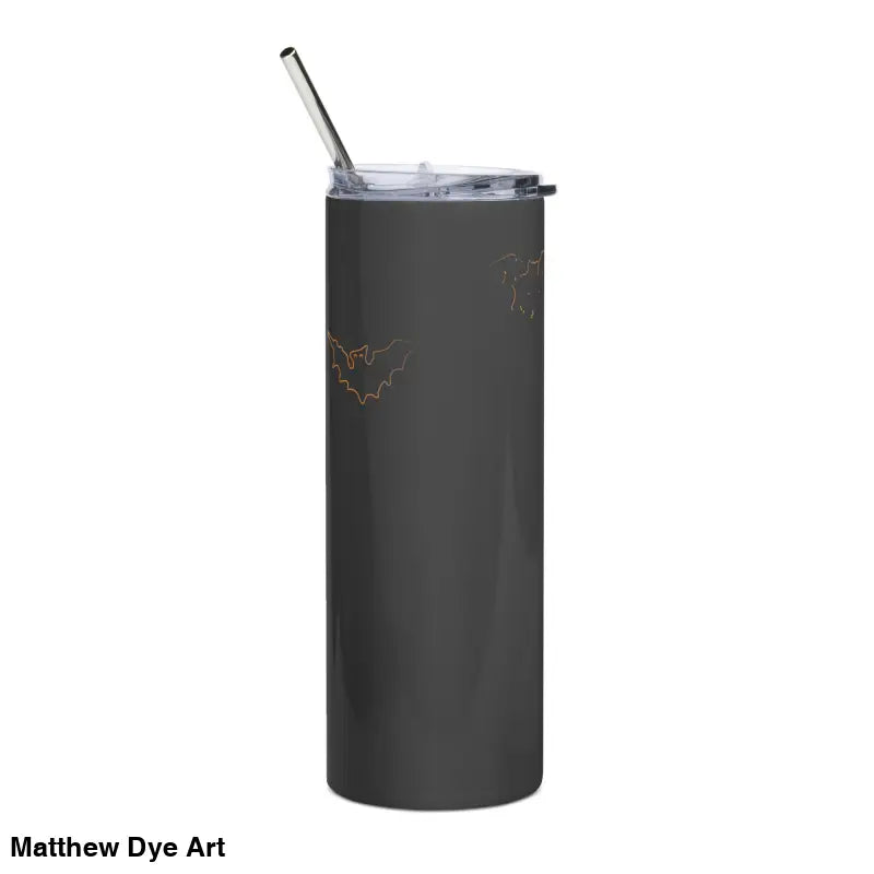 Gray stainless steel tumbler with straw featuring surreal bat design for Moonlit Terror