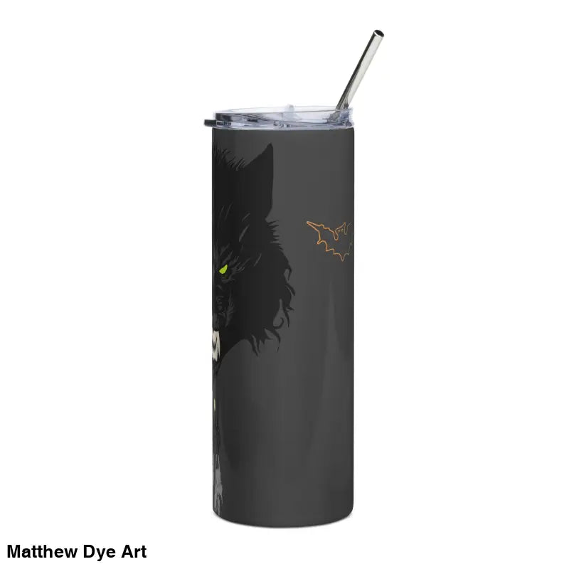Gray stainless steel tumbler featuring surreal werewolf art in Moonlit Terror design