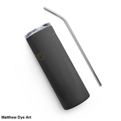 Dark stainless steel tumbler with metal straw featuring surreal Gothic Werewolf art