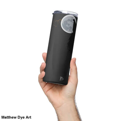 Black stainless steel tumbler featuring surreal wolf and moon art, titled Moonlit Terror