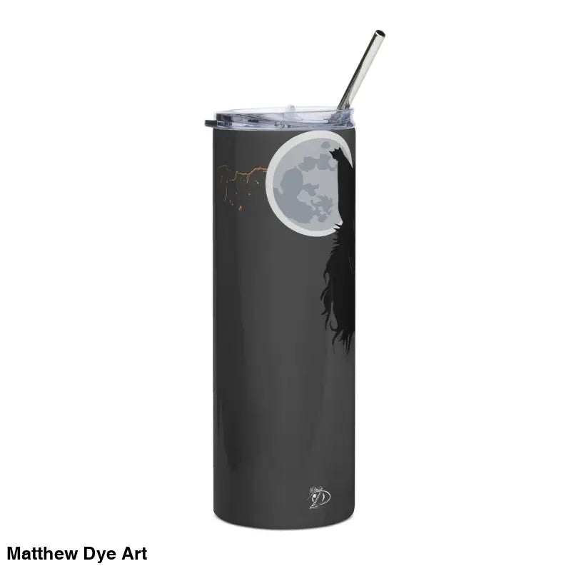 Gray stainless steel tumbler featuring surreal werewolf art titled Moonlit Terror