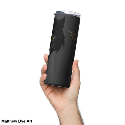 Black stainless steel tumbler featuring a surreal werewolf art design for Moonlit Terror