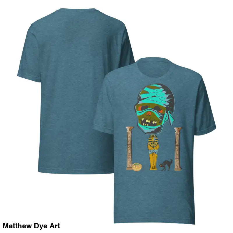 Blue mummy unisex t-shirt featuring cartoon graphic for Halloween celebrations