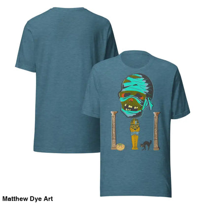 Blue mummy unisex t-shirt featuring cartoon graphic for Halloween celebrations