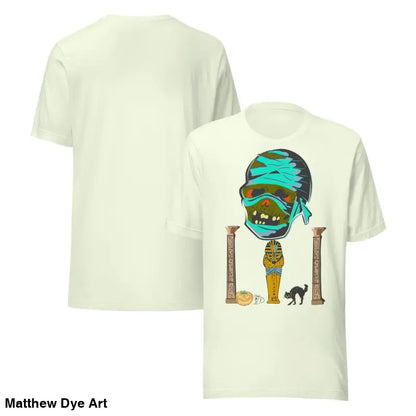 Two cream-colored Mummy Unisex T-shirts from the Mummified Mayhem Vintage Halloween collection