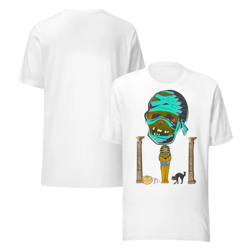 White Mummy Unisex T-Shirt featuring a cartoon graphic for Halloween festivities