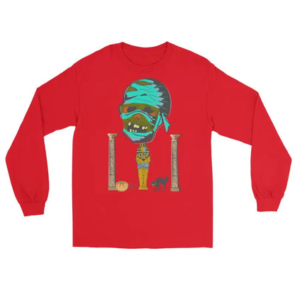 Red long sleeve shirt featuring turquoise mummy graphic and decorative columns design