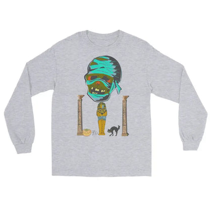 Light gray long sleeve shirt featuring an Egyptian-themed zombie design for unique style