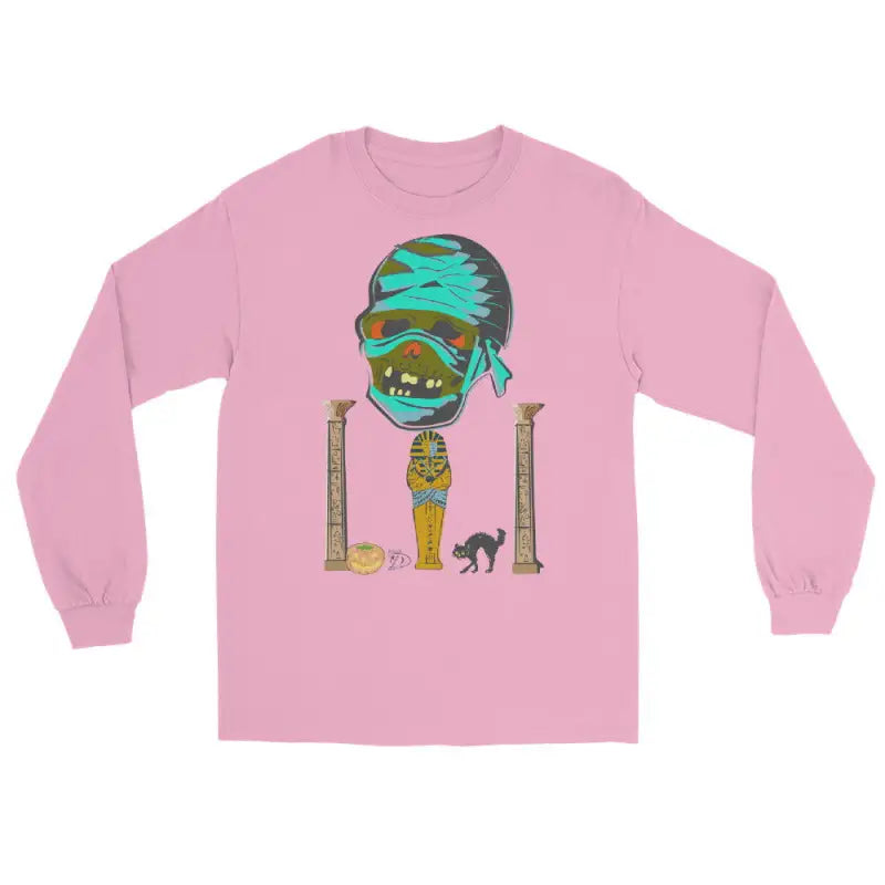 Pink long sleeve shirt featuring Egyptian-themed cartoon design with mummy and black cat