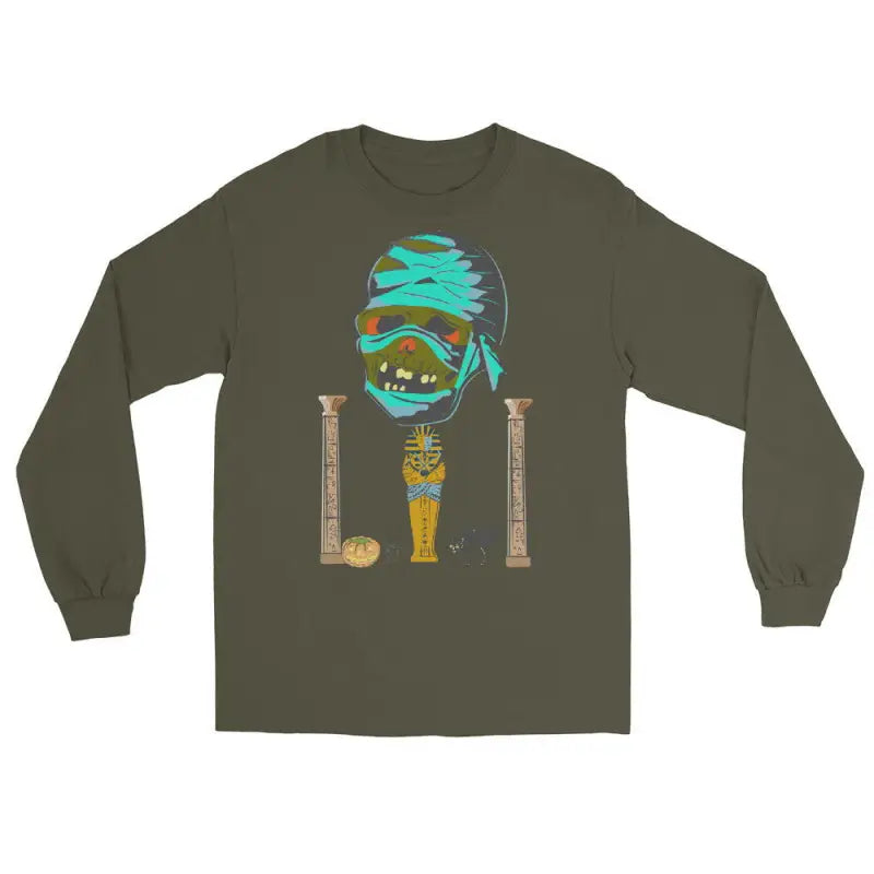 Olive green long sleeve shirt featuring Egyptian graphic with turquoise mummy head design