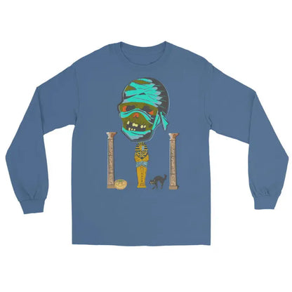 Blue long sleeve shirt featuring an Egyptian-themed mummy graphic design