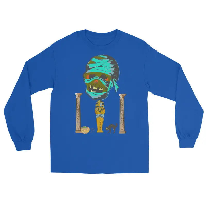 Royal blue long sleeve shirt with green mummy head design and Egyptian columns