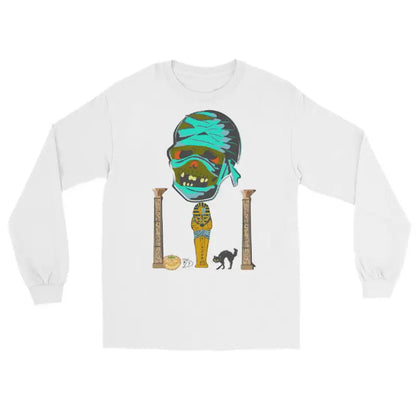 White long sleeve shirt featuring turquoise mummy head and Egyptian-themed design