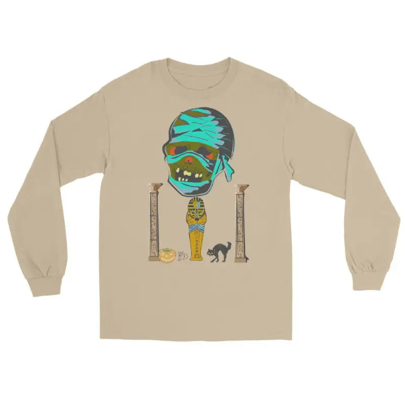 Tan long sleeve shirt featuring a turquoise mummy head and Egyptian columns design