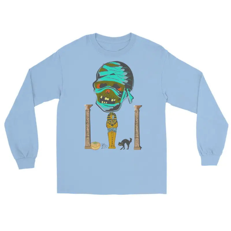 Light blue long sleeve shirt featuring Egyptian mummy design in turquoise and gold