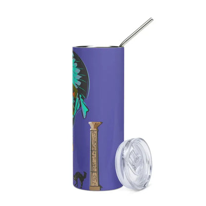 Purple stainless steel tumbler with palm tree design and stainless steel straw