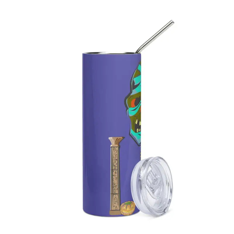 Purple stainless steel tumbler with straw and clear lid, embodying Timeless Egyptian Elegance