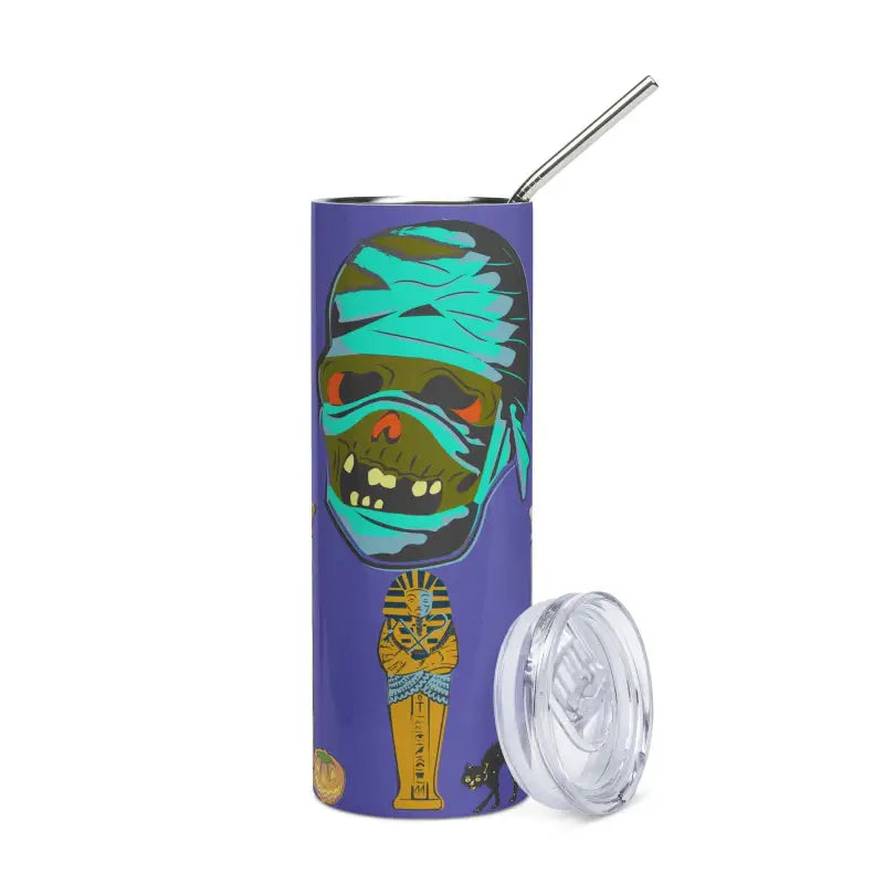 Purple stainless steel tumbler featuring mummy Halloween artwork and a metal straw