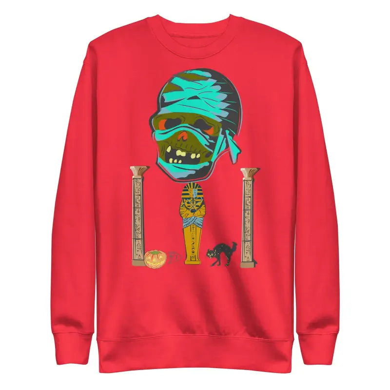 Red unisex mummy sweatshirt with turquoise bandages and Egyptian decorative columns design