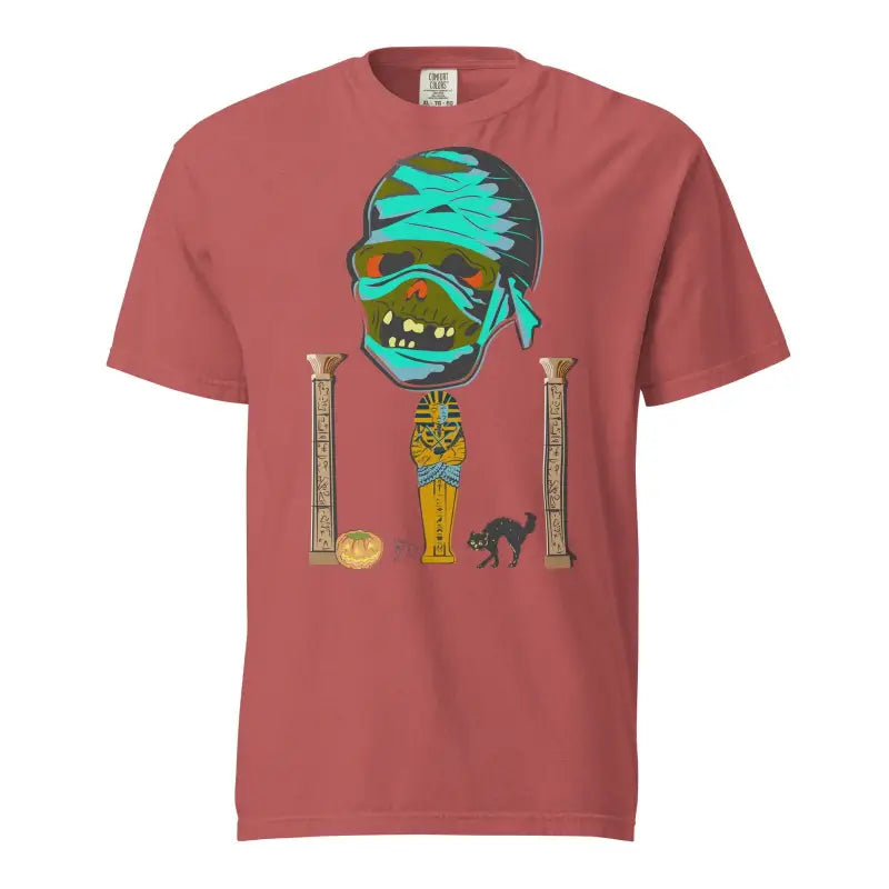 Coral Mummy Unisex Heavyweight T-Shirt with Egyptian-themed design and turquoise elements