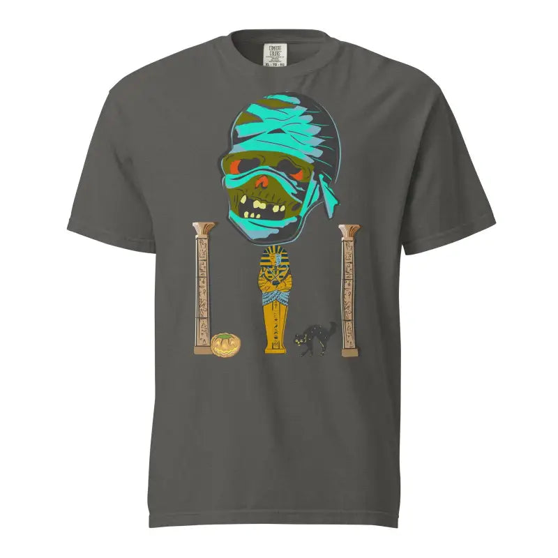 Gray Mummy Unisex Heavyweight T-Shirt with cartoon mummy head and turquoise bandages