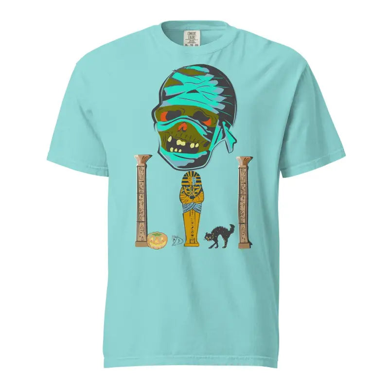 Mint green Mummy Unisex Heavyweight T-Shirt showcasing a zombie character and hieroglyphics