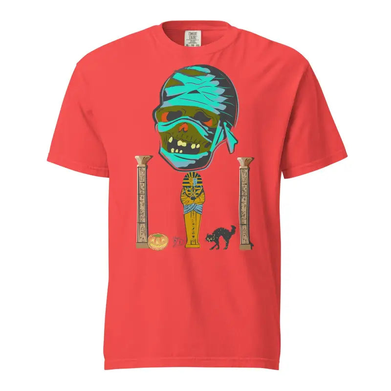 Red Mummy Unisex Heavyweight T-Shirt with turquoise mummy design and hieroglyphics