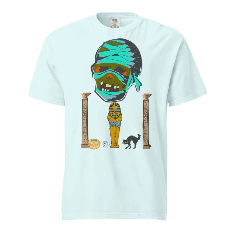 Light blue Mummy Unisex Heavyweight T-Shirt with turquoise bandages and Egyptian decor