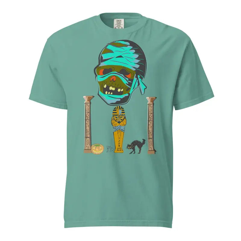 Mint green Mummy Unisex Heavyweight T-Shirt featuring a cartoon mummy head design