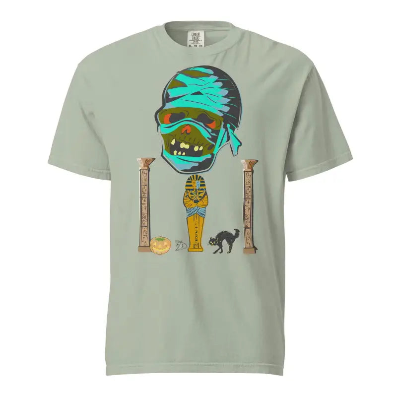 Light sage green Mummy Unisex Heavyweight T-Shirt with cartoon mummy and Egyptian elements