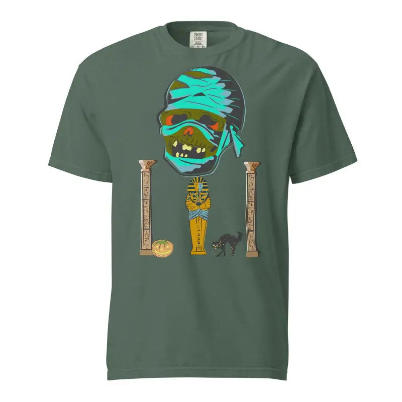 Green Mummy Unisex Heavyweight T-Shirt with cartoon mummy head and Egyptian artifacts