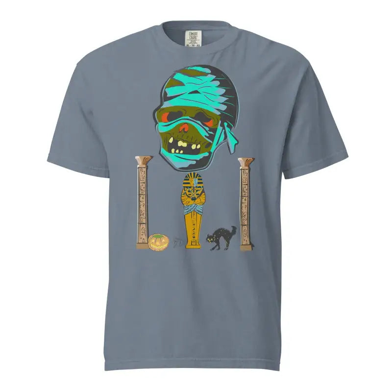 Grey mummy unisex heavyweight t-shirt with cartoon mummy head and turquoise bandages