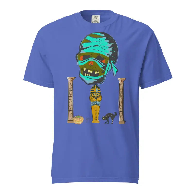 Royal blue Mummy Unisex Heavyweight T-Shirt featuring cartoon mummy head and Egyptian design