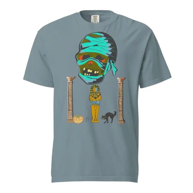 Grey Mummy Unisex Heavyweight T-Shirt featuring cartoon mummy head and turquoise bandages