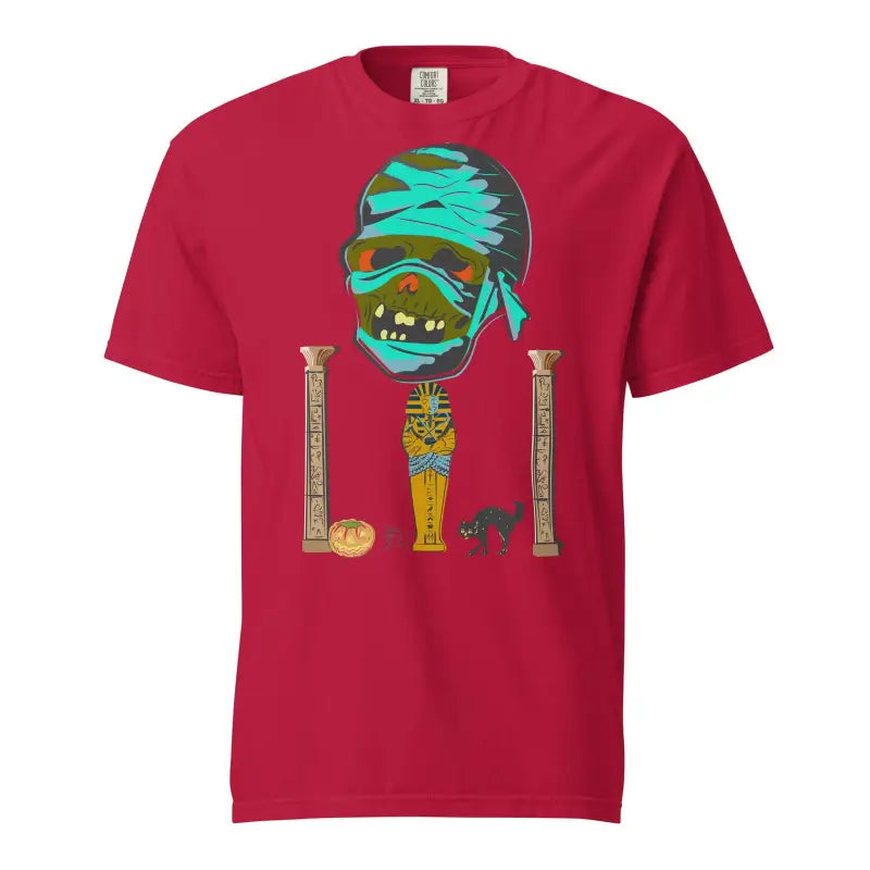 Red Mummy Unisex Heavyweight T-Shirt featuring cartoon mummy head and Egyptian designs